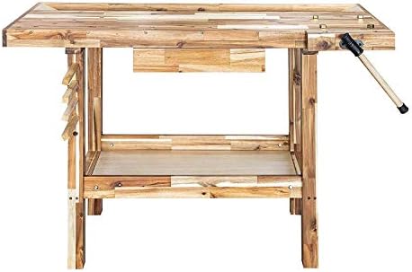 Olympia Tools 48 Inch Acacia Hardwood Woodworking Carpentry Work Bench Table with Built in Vise, Storage Drawer and Shelf, 330 Pound Capacity