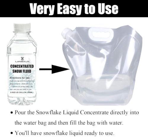 LANGXUN Flakes Snow Machine Fluid, 5 Bottles Concentrated Snow Fluid With 1pcs 1.32 gallon diluted storage bag