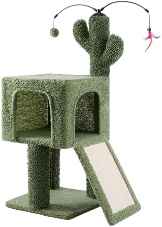 32" Cat Tree for Indoor Cats, 2-in-1 Cat House with Sisal Scratching Post & Ramp, 2-Level Cat Tower with Rotatable Feather & Ball Toys, Stable Grey Cat Condo for Small/Medium Cats, Grey