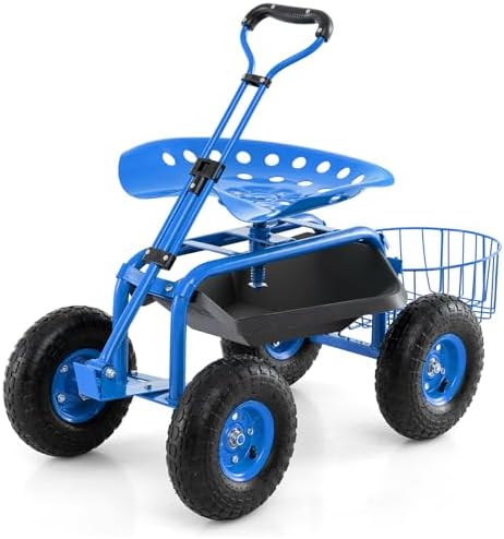 Giantex Rolling Garden Cart with Seat, 4-Wheel Gardening Workseat with Storage Basket, Swivel Stool Adjustable Seat, Steering Handle