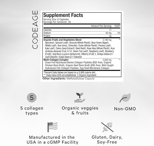 Codeage Multi Collagen Protein + Organic Raw Greens Superfood Capsules Supplement, 21 Fruits & Veggies, Grass-Fed Hydrolyzed Collagen Peptides