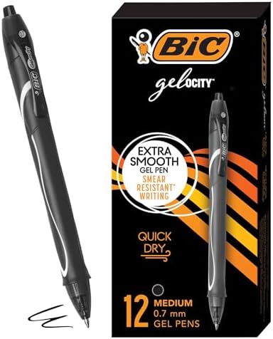 BIC Gelocity Quick Dry Black Gel Pens, Medium Point, 0.7 mm, 12-Count | Quick Dry Ink Resists Smearing | Full-Length Comfort Grip | Ideal for Students and Teachers | 12 Pens in Pack