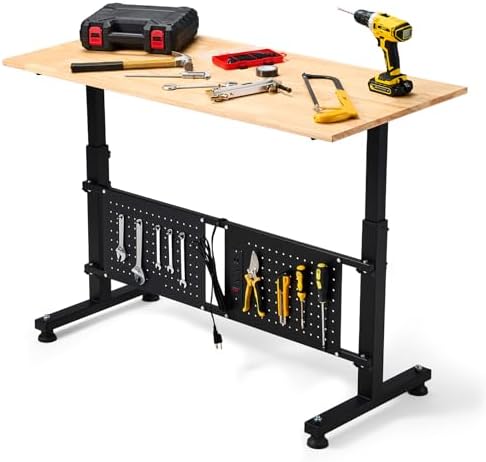 48" Adjustable Workbench, Work Table with Wheels and Power Outlet | 2000LBS Load Capacity Rubber Wood Top Workstation, Heavy-Duty Craft Table for Garage Workshop
