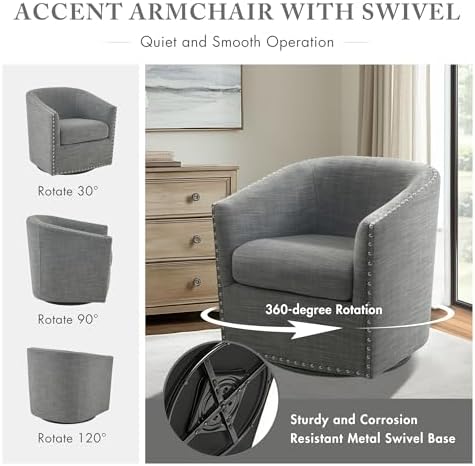 Madison Park Swivel Barrel Accent Chair, Upholstered Curved Back with 7-Inch Thick Woven Cushion, 360° Swivel, Nailhead Trim, Comfy Chair for Living Room, Bedroom, Office, 28" Wide, Neutral, Tyler
