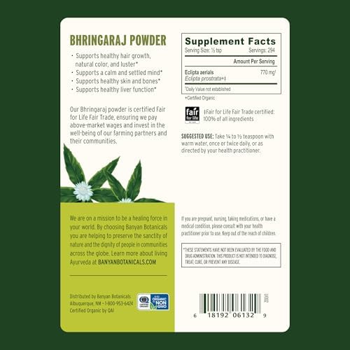 Banyan Botanicals Bhringaraj Powder – Organic Eclipta Prostrata Leaf Powder – for a Calm Mind and Healthy Hair, Nails, Bones, and Teeth* – ½ lb. – Non-GMO FFL Vegan