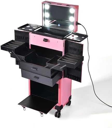 BYOOTIQUE Rolling Makeup Case with Lighted Mirror Hairstylist Station | Salonwith 2 Drawer,4 Trays,Hair Dry Holder,Professional Hairdressing Case,Beauty Salon Cart,Portable Vanity,Mobile