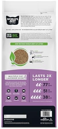 World's Best Cat Litter, Lavender Scented, Long-Lasting Odor Control, 15 lb | Controls multi-cat odors with a calming lavender scent; natural corn litter, quick clumping, flushable, 99% dust free formula