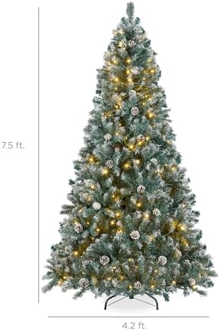Best Choice Products 7.5ft Pre-Lit Pre-Decorated Pine Artificial Christmas Tree w/Twinkling LEDs, 1, 346 Flocked Frosted Tips, 80 Pinecones