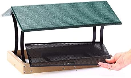Birds Choice SNFT-300 Fly-Thru Feeder, Recycled Pole Mounted Bird Feeder, Large, Taupe/Green | Recycled Plastic Platform with Roof, Welcomes Cardinals, Jays and Other Wild Birds, 19in x 15.75in x 13in