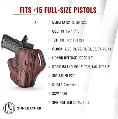 1791 Gunleather OWB Holster, Fits Sig P226, P220, P229, Beretta 92FS, VP9 | Right-handed leather gun holster also fits Beretta M9, Glock 17, 20, 21, 22, Springfield XD and 1911 with full rail