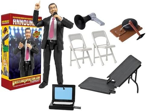Talking Ring Announcer & Accessory Set for Wrestling Action Figures | Bring Events to Life with a Talking Ring Announcer, Breakable Table, Chairs