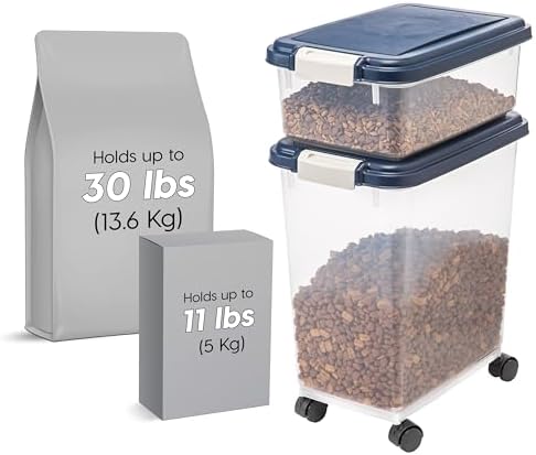 IRIS USA Dog Food Storage Container, Up to 30+11 lbs, Navy, Made in USA | Wheels for Mobility, Airtight Seal, BPA-Free, Best for Bird Seed, Cat food