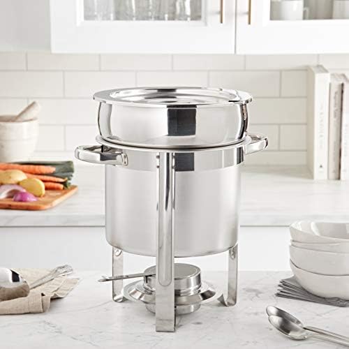 Winco 15 qt Stainless Steel Brazier Pan with Lid | Flat bottom, Wide base, Riveted handles, Induction safe, Great for Braising, Simmering, Batch Cooking and Restaurant Kitchens
