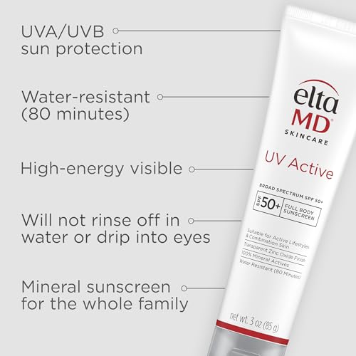 EltaMD UV Active 100% Mineral Sunscreen, SPF 50+ Full Body Sunscreen for Active Lifestyles, Water Resistant Up to 80 Minutes, 3.0 oz Tube