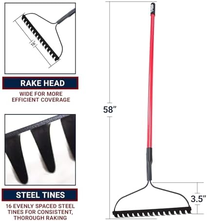 Bow Rake 16" Tines, Heavy Duty Steel Garden Rake for Leaves | 58" Fiberglass Long Handle, Rake For Lawn Debris, Mulch, Soil and Gravel