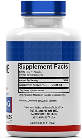tnvitamins Glucosamine Sulfate Capsules 2000 MG (180 Count) | Joint Support* Supplement for Women & Men | Produced in The USA | Promotes Flexibility