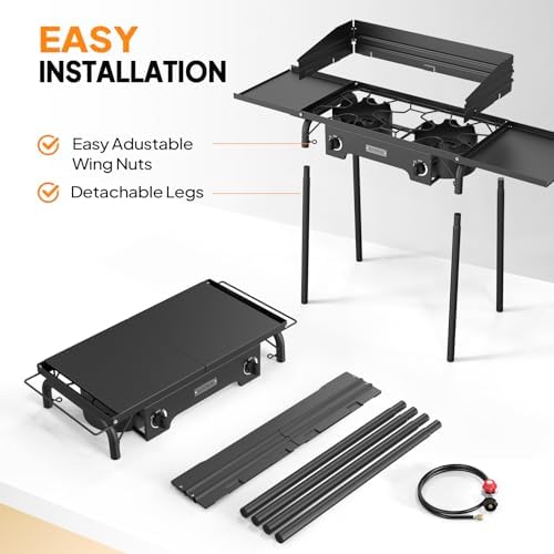 ROVSUN 2 Burner Outdoor Propane Gas Stove with Adjustable Regulator, 150,000 BTU High Pressure Stand Cooker for Backyard Cooking Camping Home Brewing Canning Turkey Frying