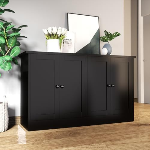 holzart White Buffet Cabinet with Storage, 49" Modern Kitchen Sideboard with 4 Doors & Adjustable Shelves, Wood Coffee Bar Cabinet Console Table for Dining Room, Living Room, Entryway