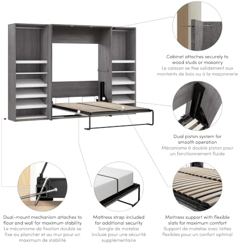 Bestar Cielo Full Murphy Bed with 2 Closet Organizers (119W) in Bark Gray and White, Sleeping Arrangement for Multipurpose Room | 2 Closet Organizers