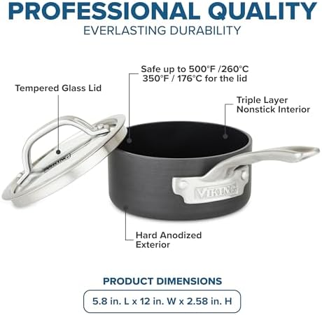 Viking Non Stick Sauce Pan with Glass Lid, 1 Quart Hard Anodized Nonstick Saucepan Cooking Pot, Dishwasher and Oven Safe, Induction Ready, Gray