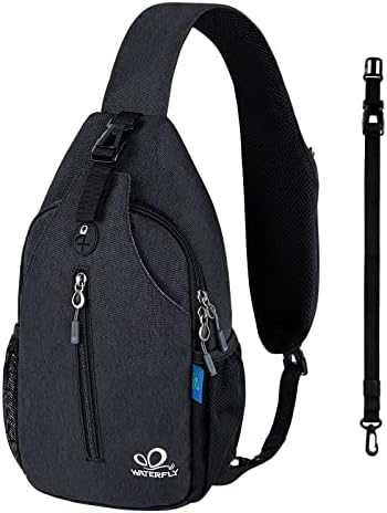 WATERFLY Crossbody Sling Backpack Sling Bag Travel Hiking Chest Bag Daypack (Black) | Small Hiking bag,Multi-compartment storage,Water-resistant,Breathable back pad,Reversible adjustable shoulder strap