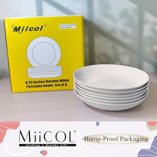 Miicol White Pasta Bowls 28 oz, Ceramic Salad Bowls Set of 6, Wide and Shallow Serving Bowl 8.25 inch, Large Pasta Plates, Serving Dish for Soup