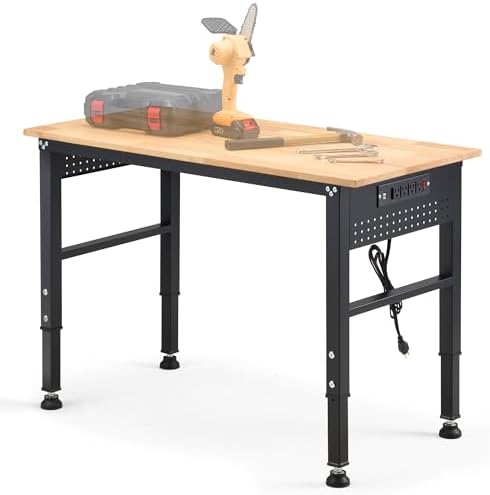 48" Adjustable Rubberwood Workbench with Foldable Extension Board & Power Outlet, Extra Large 48x32In 9-Level Height 27"-37", 2000 LBS Heavy Duty for Workshop Garage Office Home