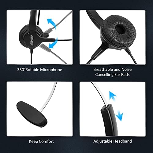 AGPTEK® Hands-Free Call Center Noise Cancelling Corded Headset | with Microphone, Monaural Headset Headphone for Desk Telephone, with 4-Pin RJ9 Crystal Head