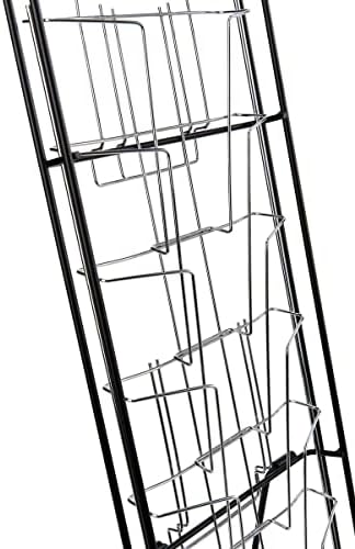 Displays2go Portable Magazine Rack, Black, 54" h Floor-standing | 10 Pockets for 8.5x11 Catalogs, Carry Bag Included, Tiered Design, Steel, NCYBRCHBLK