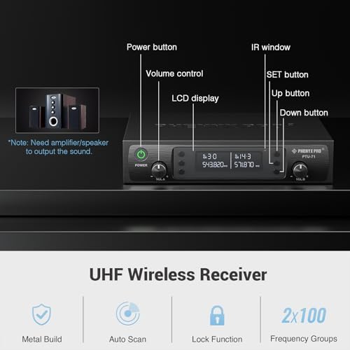 Phenyx Pro Dual UHF Auto Scan Handheld Wireless Microphone System PTU-71-2H | 2 Dynamic Mics, 2 x 100 Frequencies, 328 ft Range, Live Vocals