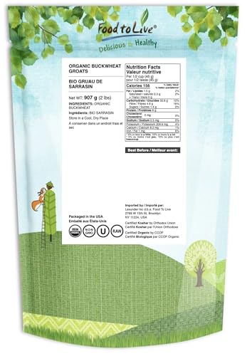 Food to Live Organic Buckwheat Groats, 15 Pounds – Whole Grain Buckwheat Seeds by Food to Live. Hulled, Non-GMO, Kosher, Raw, Vegan, Sirtfood. Bulk Cereal Grain