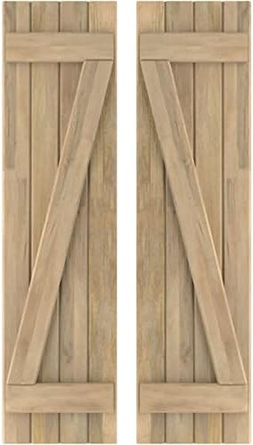 14"W x 62"H Americraft Four Board (2 Batten) Exterior Real Wood Joined Board-n-Batten Shutters w/Z-Bar (Per Pair), Unfinished