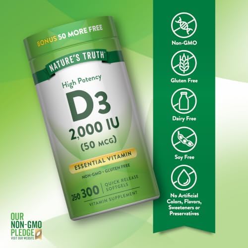 Nature's Truth Vitamin D3 2000 IU | 300 Softgels | High Potency Formula | Non-GMO & Gluten Free Supplement