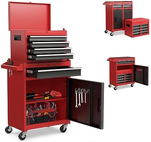 Goplus Rolling Tool Chest, 5-Drawer Tool Box Organizer w/Lockable Wheels & Sliding Drawers & Detachable Top & Adjustable Shelf