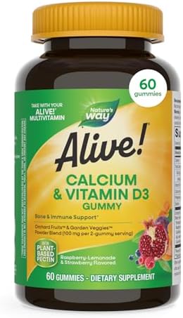 Nature’s Way Alive! Chewable Calcium Gummies with Vitamin D3, 60 ct | Daily Supplement Supports Healthy Bones and Teeth, and Muscle Function*, Strawberry and Raspberry-Lemonade Flavored