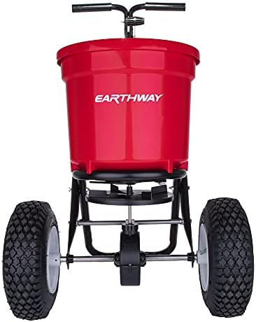 EarthWay 2150 Commercial 50 LB Broadcast Fertilizer Spreader. Heavy-Duty Walk-Behind Push Garden Seeder with Adjustable Drop Rate and Driving