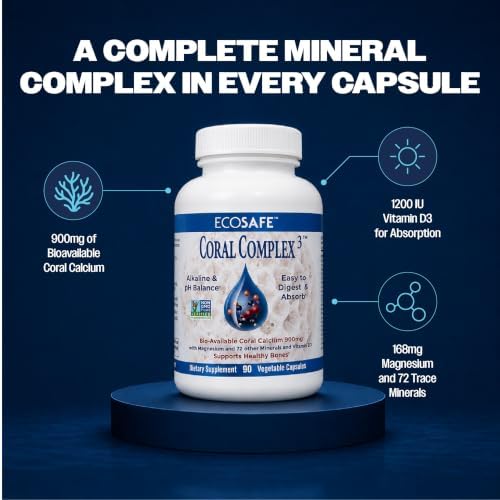 Coral Complex 3 Calcium Supplement Vitamin D3 & Magnesium – 900 mg Bioavailable Coral Calcium for Bone Strength, Joint Support & pH Balance – Trace Minerals, Non-GMO, 300 Veg Capsules