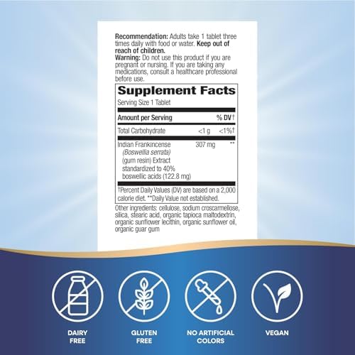 Nature's Way Boswellia Standardized Extract, Supports Joint Mobility*, 307 mg Boswellia serrata Extract per Serving, Frankincense Supplement, Gluten Free & Vegan - 60 Tablets (Packaging May Vary)