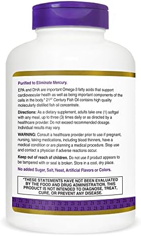 21st Century Fish Oil 1000mg Omega-3 Softgels, Mercury-Filtered, 120ct | Omega-3 Fish Oil with 300 mg EPA & DHA, Heart & Cardiovascular Health Support, Gluten Free, Non-GMO
