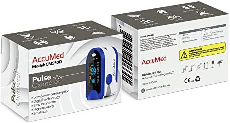 AccuMed Fingertip Pulse Oximeter, Sp02 Finger Blood Pulse Oxygen Monitor, w/Carrying case, Lanyard Silicon Case & Battery CMS-50D (Blue)
