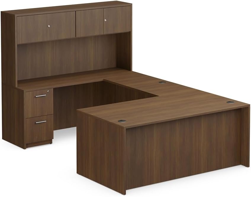 NBF U-Shaped Desk Reversible Workstation with Hutch & Storage, 71" W, Tan