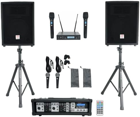 Rockville RPG2X10 10" PA Speaker Pair with Mixer and 2 UHF Wireless Mics
