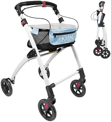 KMINA Narrow Walker for Small Spaces, Foldable Walker with Tray and Basket, 4 Wheels and Brakes, Lightweight Indoor Rollator for Seniors, Black, PRO Model