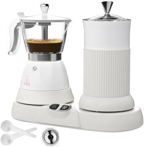 Electric Espresso Machine with Milk Frother 2 in 1 Efficient Moka Pot Coffee Maker with Milkfroth Aluminum One-Touch Operation for Effortless Cappuccinos Lattes Macchiatos White