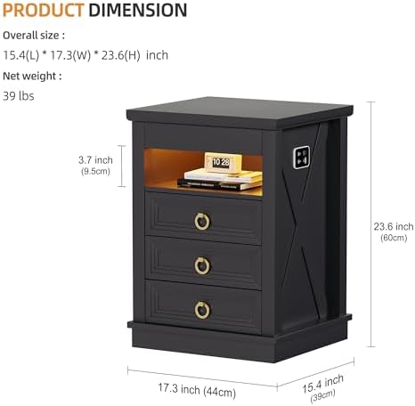 Farmhouse Nightstand with Lockable Hidden Drawer, Human Sensor LED Bedside Table with LED Lights & Charging Station, Rustic Wood Sofa Side End Table with 3 Drawers for Bedroom (Black)