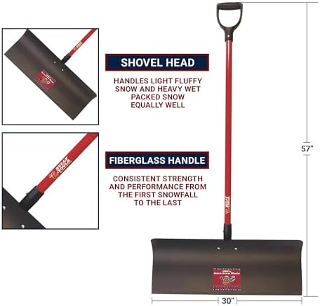 Heavy Duty Steel Snow Pusher - Extra Long Fiberglass D-Grip Handle, Durable Wide Metal Push Shovel for Driveways, Sidewalks & Parking Lots