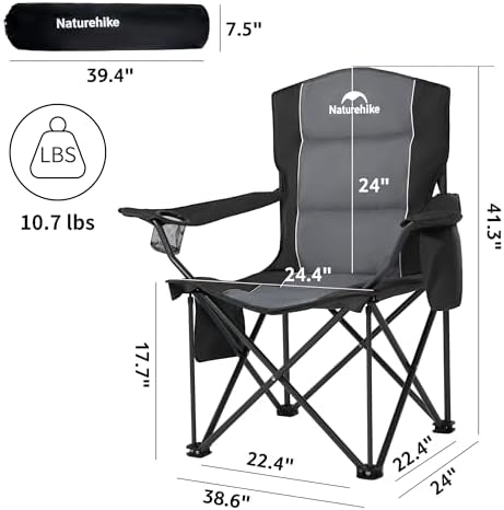 Naturehike Oversized Camping Chair with Cooler Bag, Heavy Duty Lawn Chair Support 450 LBS, Portable Padded Outdoor Folding Chair, 2 Pack