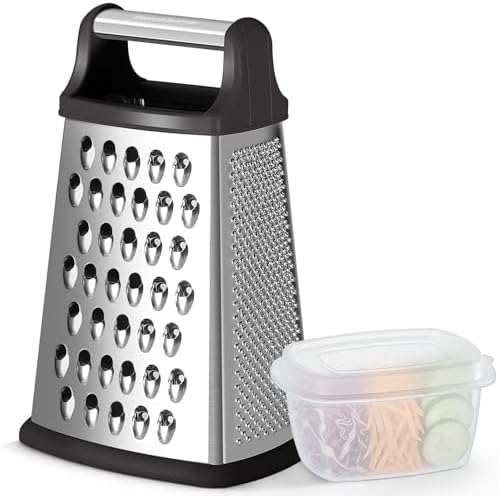 Ourokhome Cheese Grater with Handle, Stainless Steel Box Grater, 4 Side Kitchen Vegetable Shredder Slicer Zester with Container for Parmesan, Cabbage