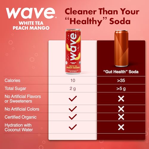 WAVE Organic Sparkling Drink, Soda Alternative, White Tea Peach Mango | No Added Sugar, Low Calorie, No Artificial Sweeteners, Coconut Water