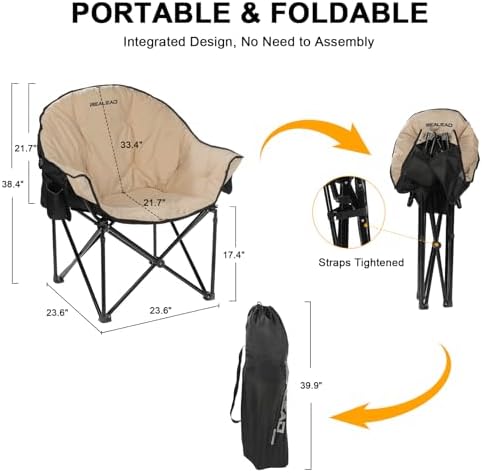 Oversized Camping Chairs Padded Heavy Duty Folding Support 400LBS | Comfy Lawn Chairs for Adults Outdoor Sports with Side Mesh Bag & Cup Holder, Portable Foldable, Sturdy Steel Frame (Grey)